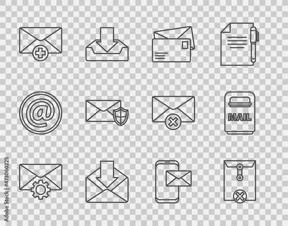 Poster set line envelope setting, delete envelope, received message concept, with shield, mobile and and ma