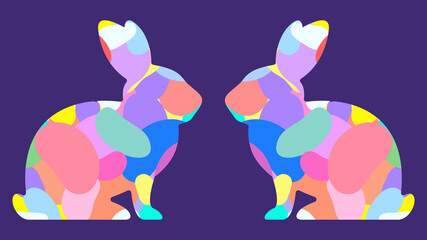 Bunny rabbit silhouette filled with bright party colors. Bunny outline filled with multicolor speckled egg shapes. Modern and preppy fashion. Easter party and chocolate theme