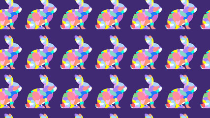 Repeating Easter Bunny or magic print. Seamless bright wallpaper pattern for easter egg chocolate, wrapping paper, fashion, or youth design. Abstract color shapes fill a trendy bunny silhouette.