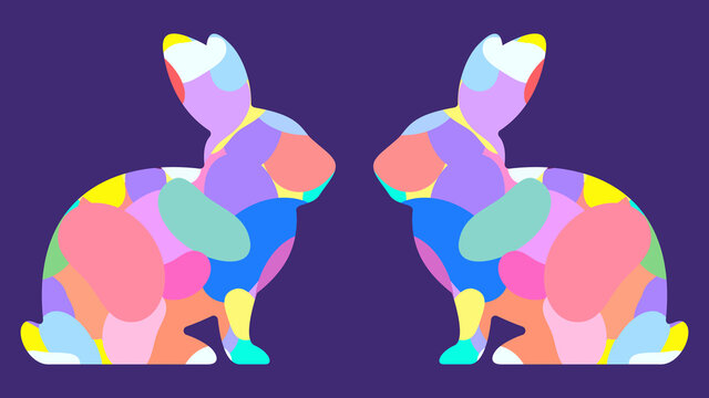 Bunny rabbit silhouette filled with bright party colors. Bunny outline filled with multicolor speckled egg shapes. Modern and preppy fashion. Easter party and chocolate theme