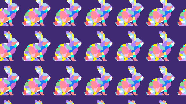Repeating Easter Bunny or magic print. Seamless bright wallpaper pattern for easter egg chocolate, wrapping paper, fashion, or youth design. Abstract color shapes fill a trendy bunny silhouette.