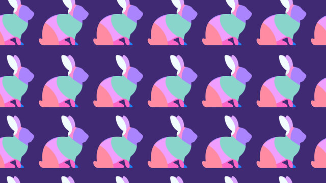 Repeating Easter Bunny or magic print. Seamless bright wallpaper pattern for easter egg chocolate, wrapping paper, fashion, or youth design. Abstract color shapes fill a trendy bunny silhouette.