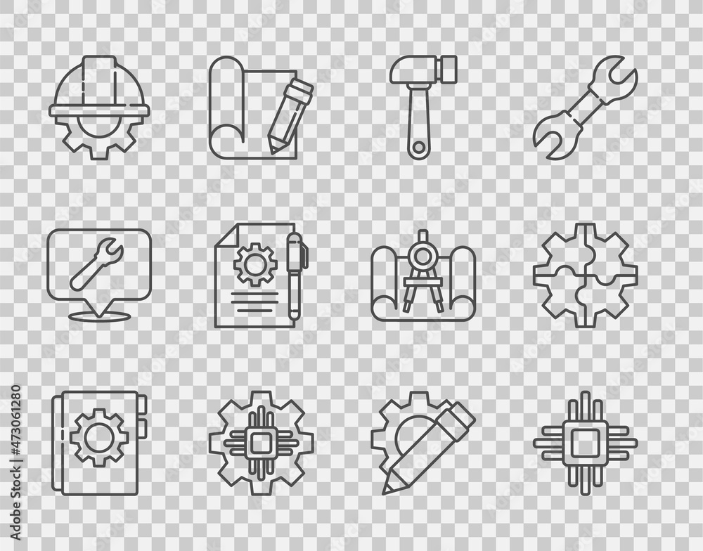 Poster set line user manual, processor with microcircuits cpu, hammer, worker safety helmet and gear, docum