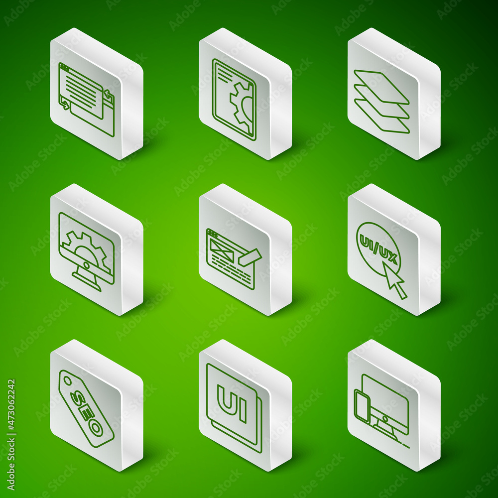 Poster set line monitor and mobile, ui ux design, web development, seo optimization and icon. vector