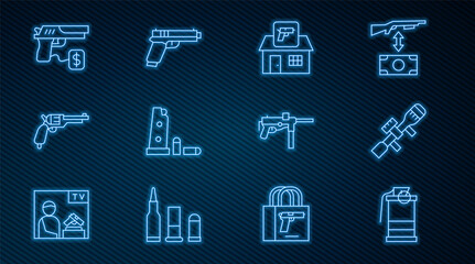 Set line Hand smoke grenade, Sniper optical sight, Hunting shop weapon, Gun magazine bullets, Revolver gun, Buying pistol, Submachine M3 and Pistol or icon. Vector