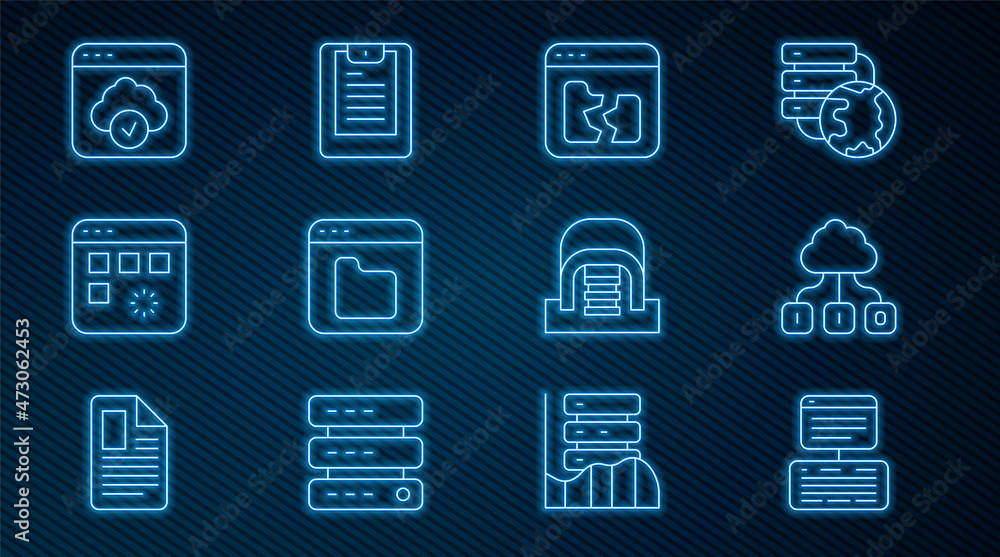 Poster set line server, data, web hosting, cloud technology data transfer, broken file, browser files, load