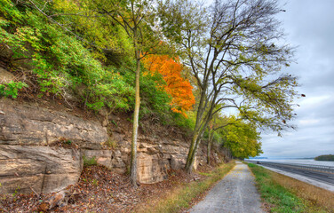 bike path along the Great River road beneath the bluffs in illinois
