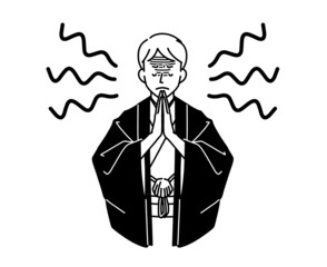 手を合わせて祈っている着物姿の男性-黒