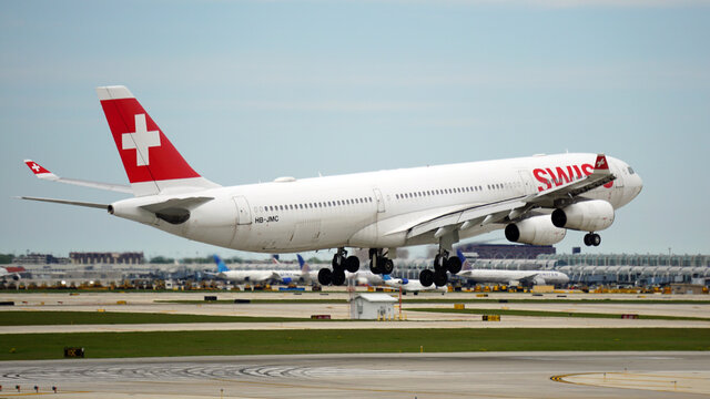 Swiss Air Airbus A340 landing at Chicago O'Hare International Airport