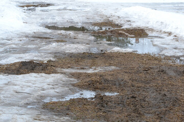 Winter Ground Covered With Thawing Snow. Slush and mud on road from melting snow on the road during spring thaw.