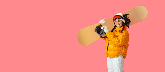 Female snowboarder on color background with space for text