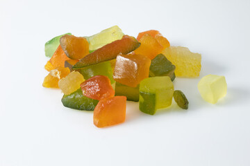 Small portion of candied fruit or fruit comfit in small cubes and multicolored