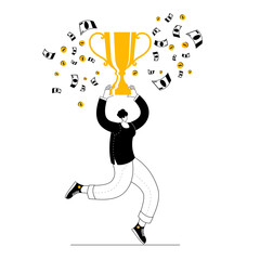 A girl in casual clothes happily jumps with a cup in her hands. Vector illustration in outline style on the topic of success in business.