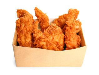 Tasty deep fried chicken wings in paper box on white background
