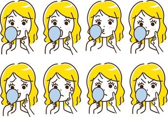 女性　金髪　手鏡　美容　肌荒れ　顔　表情　喜怒哀楽　セット