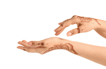 Beautiful female hands with henna tattoo isolated on white background