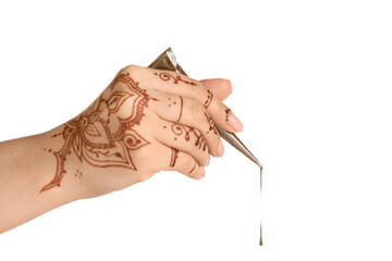 Beautiful female hand with henna tattoo isolated on white background