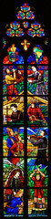 Stained-glass window depicting the evangelization of South America. Votivkirche – Votive Church,...