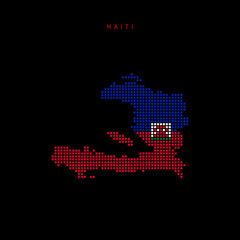 Obraz premium Square dots pattern map of Haiti. Haitian dotted pixel map with national flag colors isolated on black background. Vector illustration.