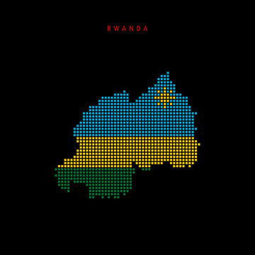 Square dots pattern map of Rwanda. Rwandan dotted pixel map with national flag colors isolated on black background. Vector illustration.
