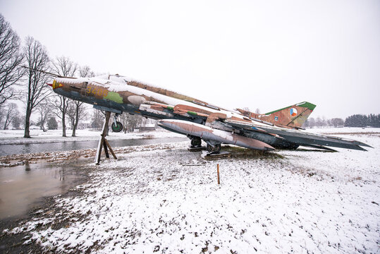 Zemitani, Latvia - November 29, 2021: An airplane Sukhoi Su-22M4 Fitter K made in the Czech Republic on a snowy winter day.