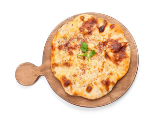 Board with tasty khachapuri on white background