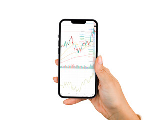 Girl holding a smartphone with financial stock market graph on the screen. Stock Exchange. White Background