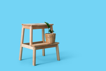 Wooden step stool with houseplant on blue background