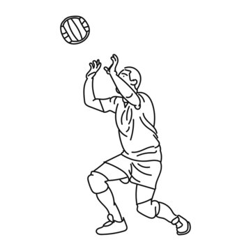 black line art Young man practicing volleyball in style