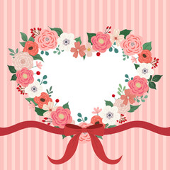 Heart-shaped floral frame and ribbon vector illustration. floral frame for wedding invitation, birthday card, Mother's Day, and valentine's day.