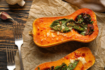 Parchment with tasty stuffed pumpkins on wooden background