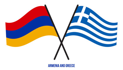 Armenia and Greece Flags Crossed And Waving Flat Style. Official Proportion. Correct Colors.