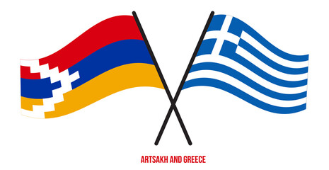 Artsakh and Greece Flags Crossed And Waving Flat Style. Official Proportion. Correct Colors.