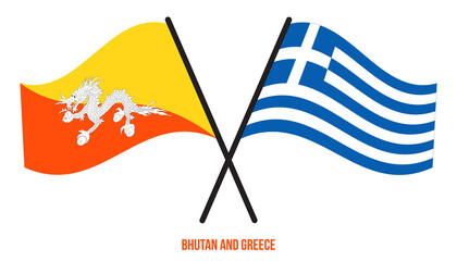 Bhutan and Greece Flags Crossed And Waving Flat Style. Official Proportion. Correct Colors.