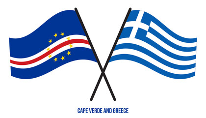 Cape Verde and Greece Flags Crossed And Waving Flat Style. Official Proportion. Correct Colors.