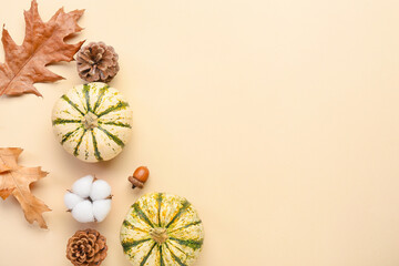 Autumn composition with cotton flower and pumpkins on beige background