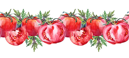 Seamless border watercolor tomato and greenery parsley isolated on white background. Hand-drawn sweet food for salad. Red slice vegetable for cooking book menu. Art for cafe sticker sketchbook