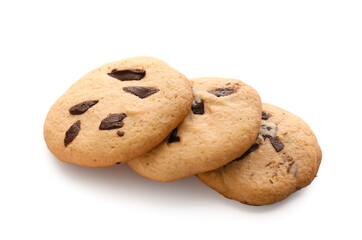 Tasty homemade cookies with chocolate chips on white background