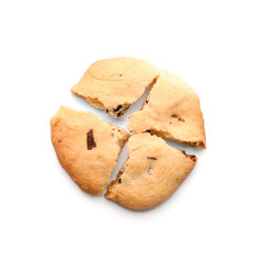 Broken cookie with chocolate chips on white background