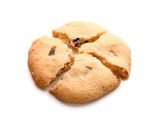 Broken cookie with chocolate chips on white background
