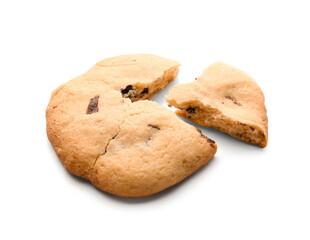 Broken cookie with chocolate chips on white background