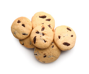 Tasty homemade cookies with chocolate chips on white background