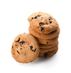 Delicious homemade cookies with chocolate chips on white background