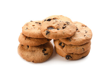 Delicious homemade cookies with chocolate chips on white background