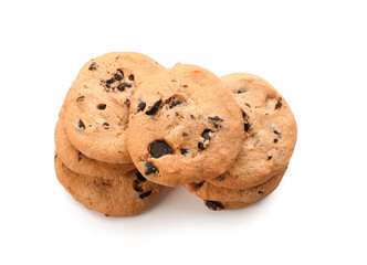 Delicious homemade cookies with chocolate chips on white background
