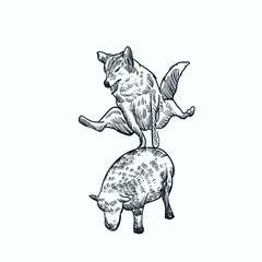 Vintage hand drawn sketch wolf jump on sheep © Cus