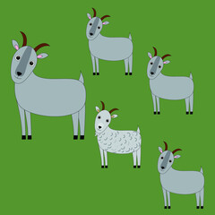 Obraz na płótnie Canvas Cute animals goats happy family, with father and children, daughters and son on green isolated background, vector illustration.