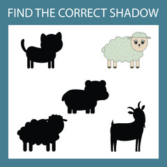 Find a pair or shadow  game with funny  sheeps.  Worksheet for preschool kids, kids activity sheet, printable worksheet 
