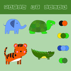 worksheet vector design, challenge to connect the wild animals with its color. Logic game for children.