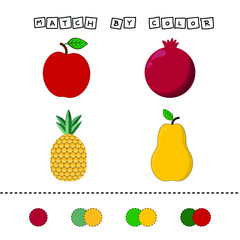 Developing activity for children -  match the  apple, pomegranate, pineapple, pear by  color. Logic game for children.
